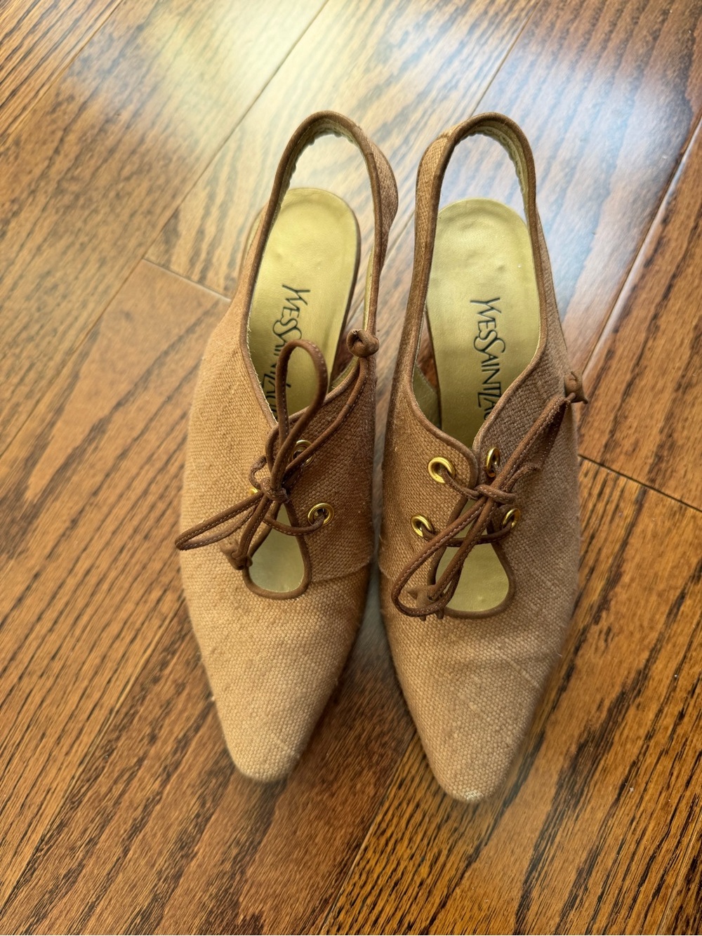 Yves Saint Laurent Tan Brown Pointed-Toe Slingback Heels with Lace-Up Detail